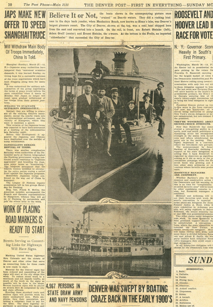 News article from the Denver Post showing the City of Denver, a coal boat and it's owners Robert and Ernest Steinke